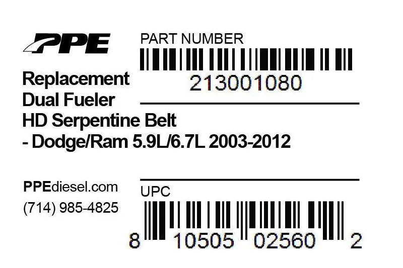 PPE 213001080 Dual Fueler Serpentine Belt | 2003-2010 Ram 5.9L/6.7L Cummins